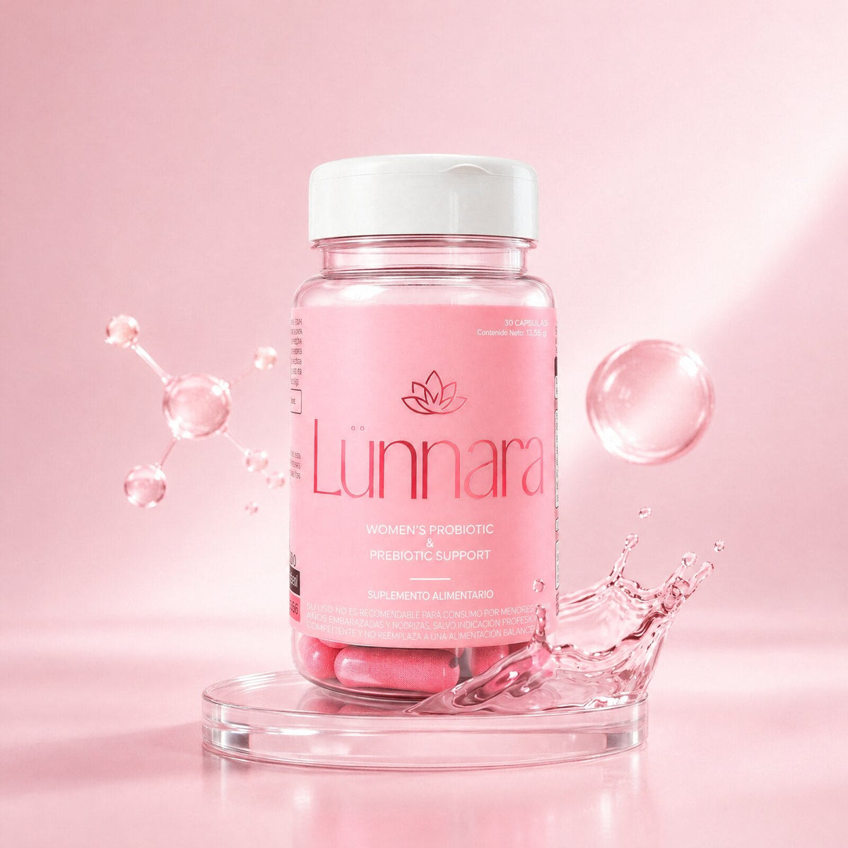 Frasco Lünnara con cápsulas rosadas